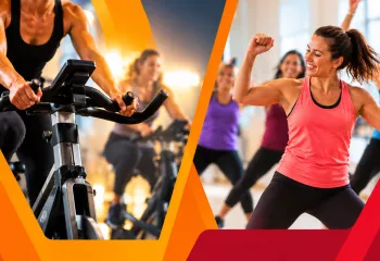 two side by side pictures of cycling class and dance class