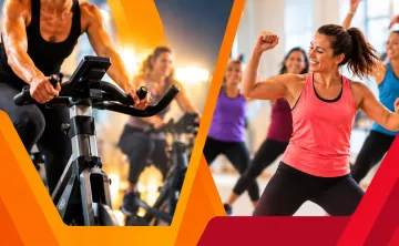 two side by side pictures of cycling class and dance class